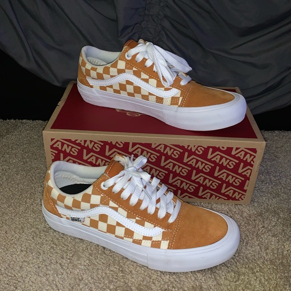 vans old skool pro golden oak & white checkerboard skate shoes